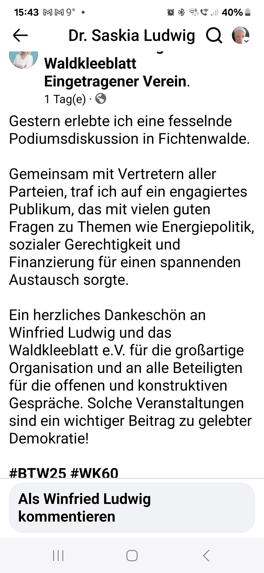 Screenshot von Dr. Saskia Ludwigs Facebook Beitrag zur Podiumsdiskussion